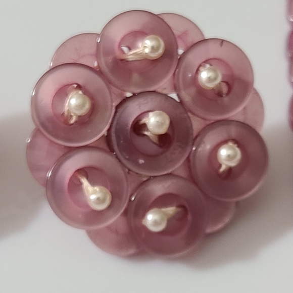 Set Vintage 80's button necklace earrings pierced pearls lavender purple handmad - Picture 2 of 10